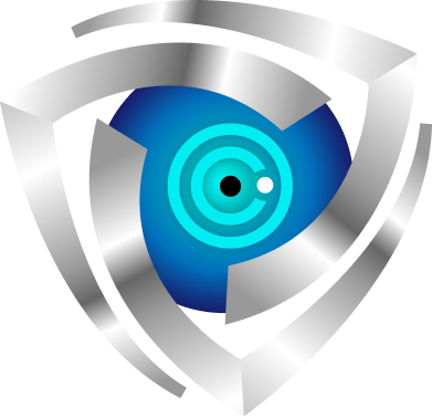 Futuristic cybersecurity logo featuring a digital eye within abstract silver shield design, symbolizing technology, protection, and security services.