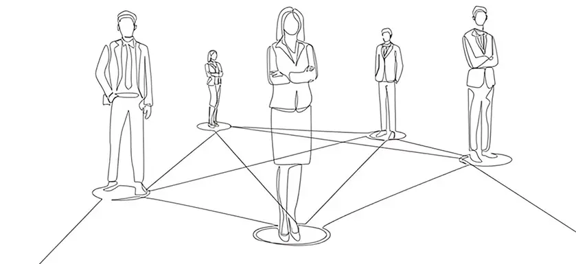 Illustration of five business professionals in a network, representing CYBORIUM's cybersecurity provider network.