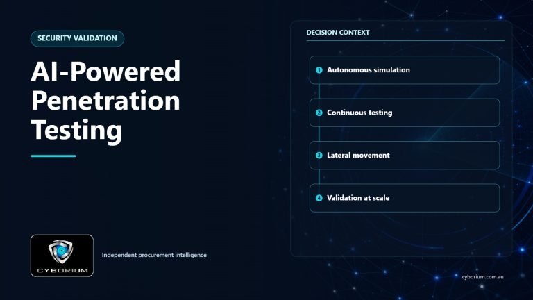 AI-Powered Penetration Testing decision context showing Autonomous simulation, Continuous testing, Lateral movement, Validation at scale