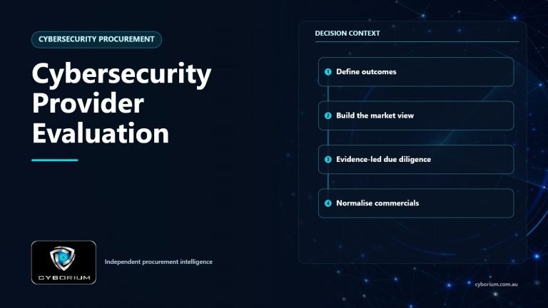 Cybersecurity Provider Evaluation decision context showing Define outcomes, Build the market view, Evidence-led due diligence, Normalise commercials