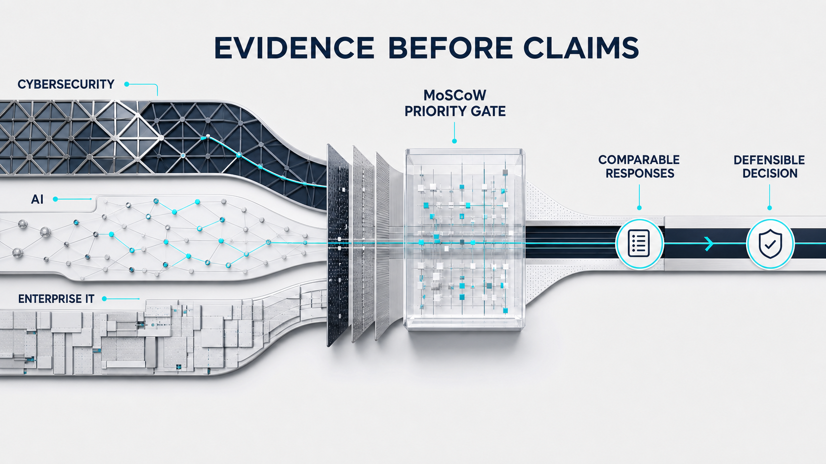 Cybersecurity, AI and enterprise IT requirements pass through a MoSCoW priority gate to produce comparable responses and a defensible decision