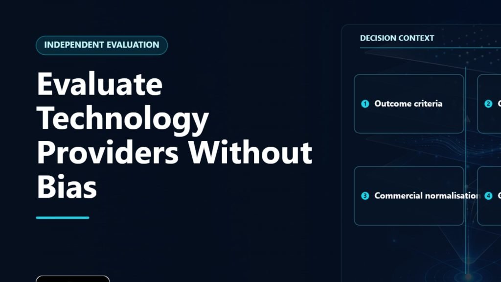 Evaluate Technology Providers Without Bias decision context showing Outcome criteria, Comparable evidence, Commercial normalisation, Governed selection