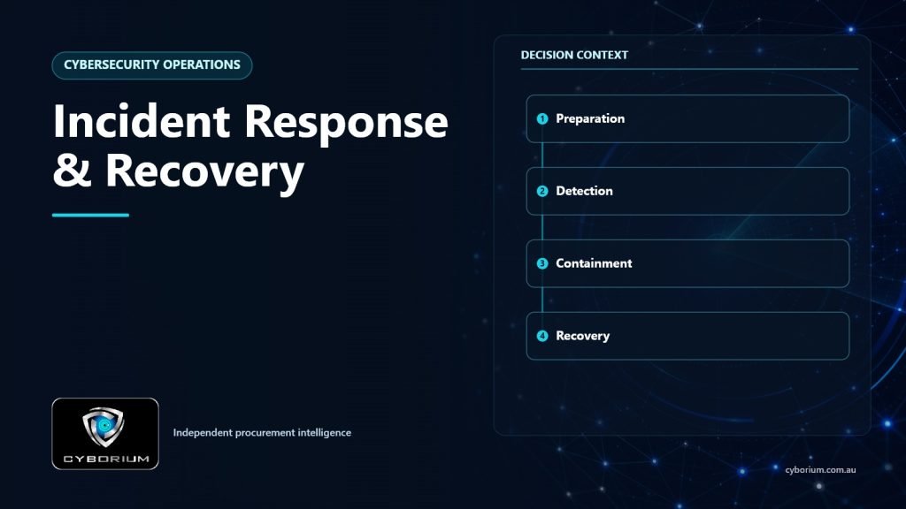 Incident Response & Recovery decision context showing Preparation, Detection, Containment, Recovery