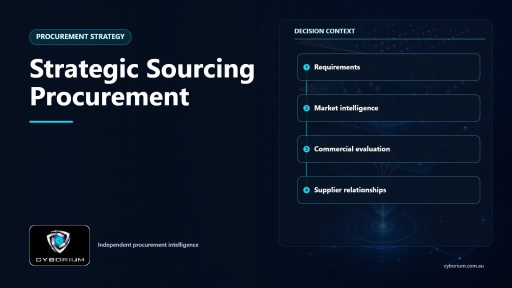 Strategic Sourcing Procurement decision context showing Requirements, Market intelligence, Commercial evaluation, Supplier relationships