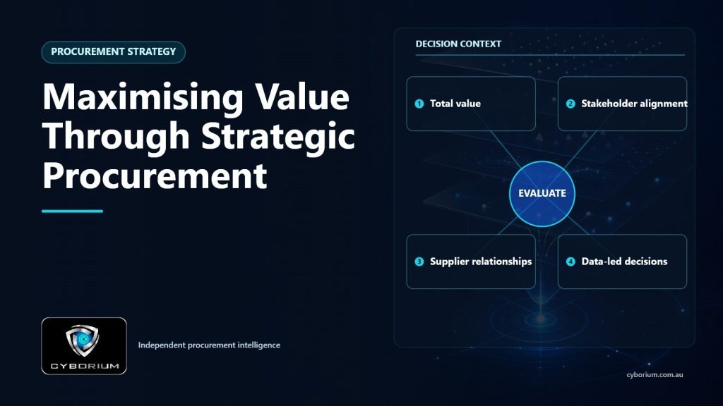 Maximising Value Through Strategic Procurement decision context showing Total value, Stakeholder alignment, Supplier relationships, Data-led decisions