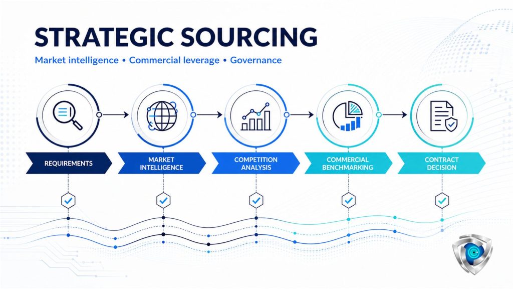 CYBORIUM strategic sourcing pathway from requirements and market intelligence to commercial benchmarking and contract decision