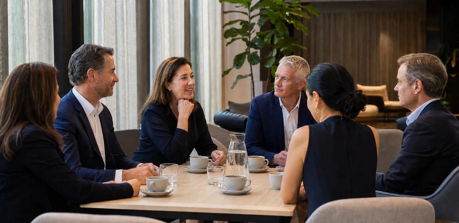 Australian senior leaders in conversation over water, coffee and tea at a relaxed Sydney venue