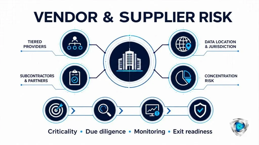 CYBORIUM vendor and supplier risk framework showing criticality, due diligence, monitoring and exit readiness