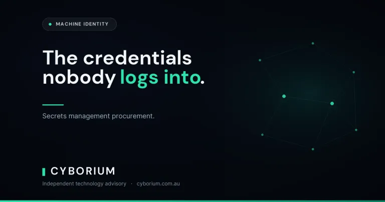 CYBORIUM article header reading The credentials nobody logs into, over a connected node graphic.