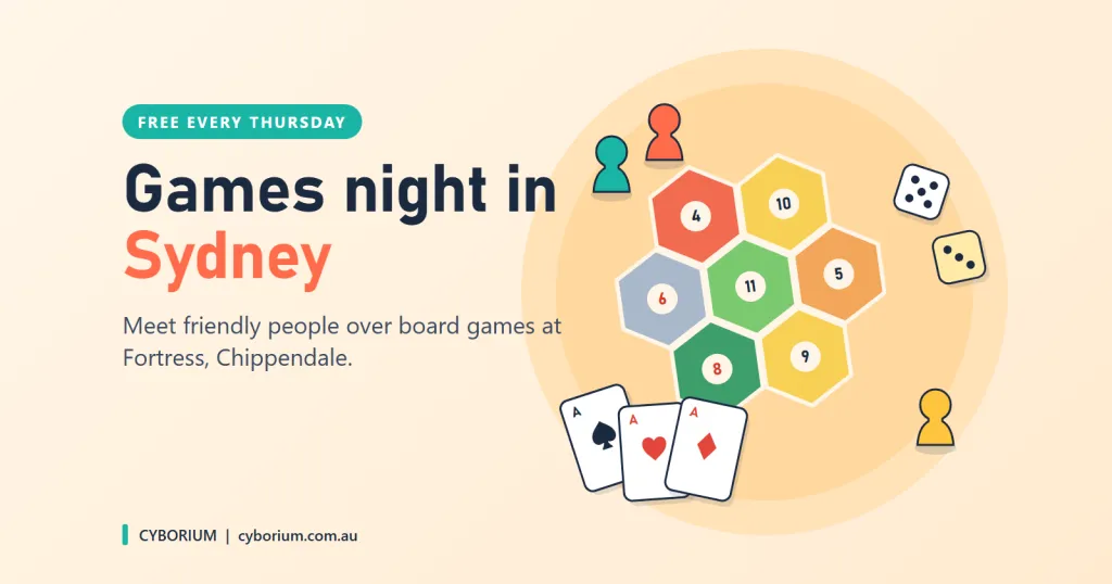 Illustrated board game scene with hexagon tiles, cards, dice and pawns beside the words Games night in Sydney