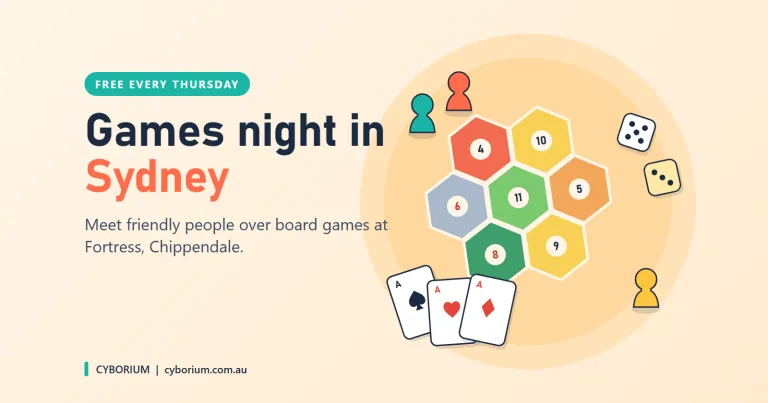 Illustrated board game scene with hexagon tiles, cards, dice and pawns beside the words Games night in Sydney